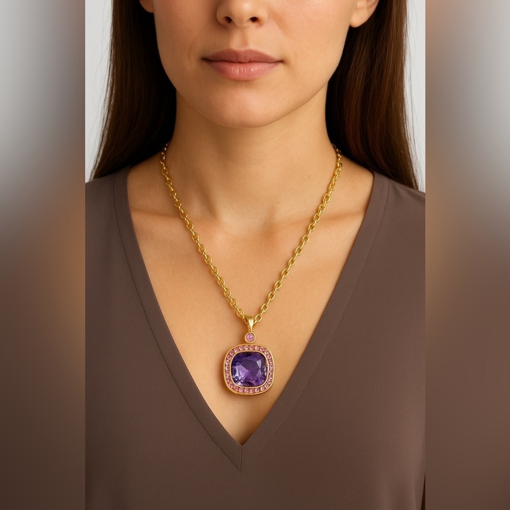 Vintage Kenneth Jay Lane Gold-Tone Necklace with Cushion Crystal Pendant - Picture 4 of 4